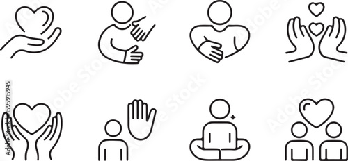 Simple Line Icons Representing Human Interaction Self Care Boundaries and Meditation on a White Background Suitable for Health Wellness and Social Concepts in Minimalist Style