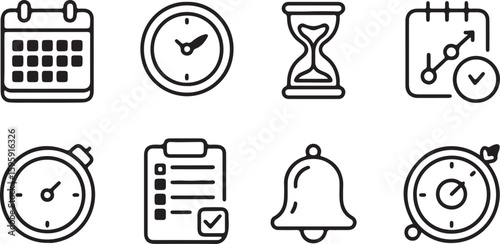 Time Management and Productivity Icons Clock Hourglass Checklist and Notification Bell in Black and White Outline Style Representing Efficiency Deadlines and Task Completion