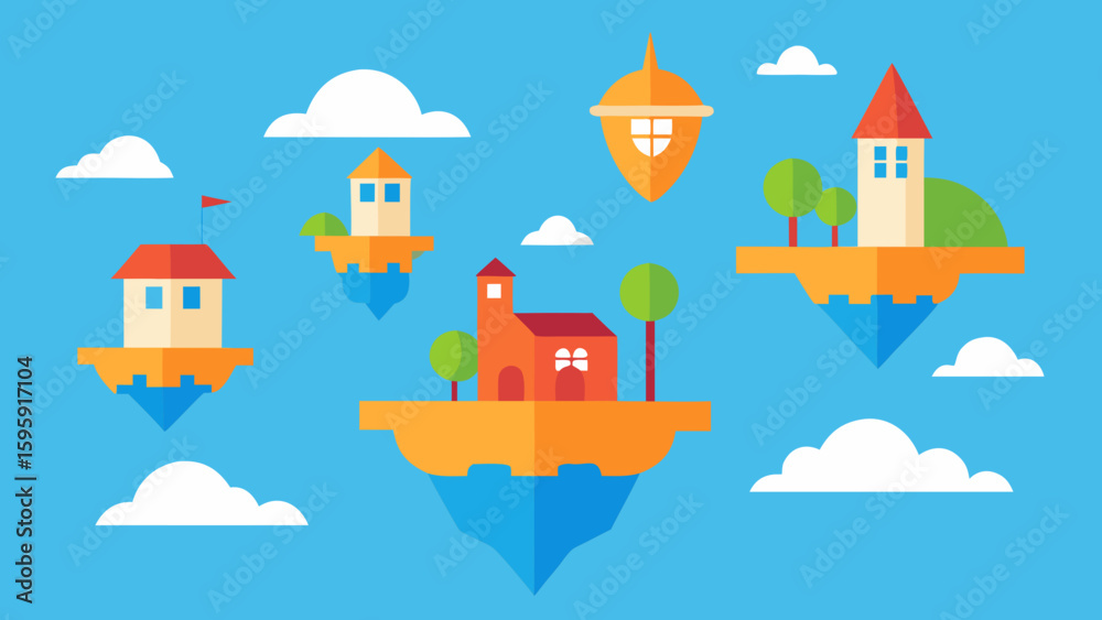 Obraz premium Cartoon Flying City with Floating Island Houses