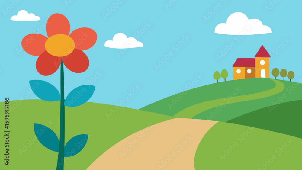 Fototapeta premium Flower Field Near Village With Walking Path