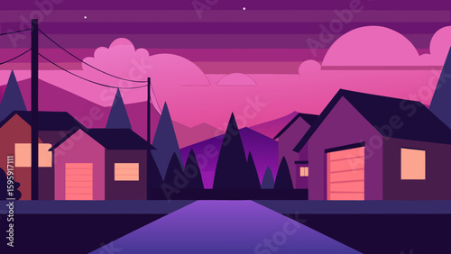 Cartoon Neighborhood at Dusk with Gradient Sky