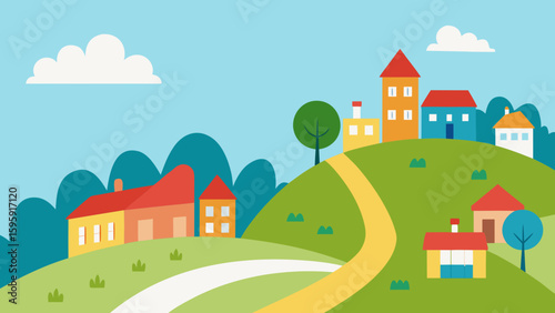 Hilltop Cartoon Neighborhood with Curved Roads
