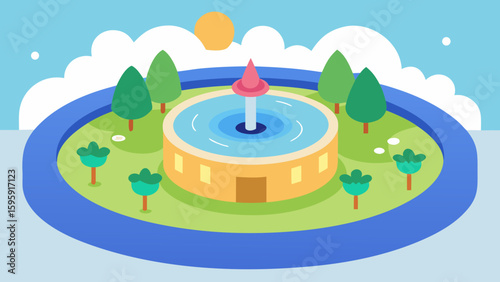 Round Plaza with Fountain and Flower Beds