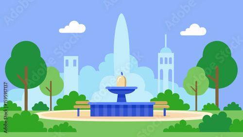 City Park with Fountain and Tall Trees