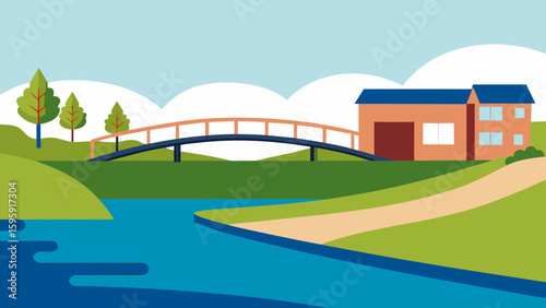 Riverbank near suburban area with footbridge vector