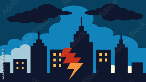 Stormy cityscape with clouds lightning and shadows