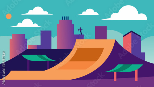 Skate park with ramps graffiti and skyline background