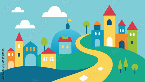 Storybook style city scene with whimsical houses