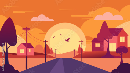 Suburban sunrise scene long shadows and chirping birds