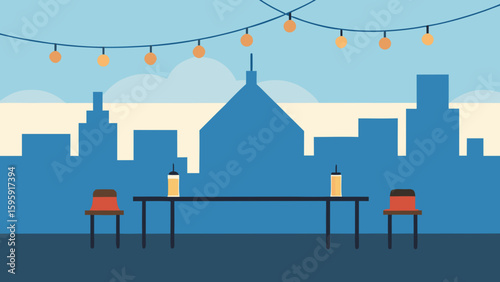 vector rooftop cafe string lights urban vibe