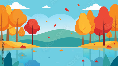 lakeside autumn forest colorful fallen leaves