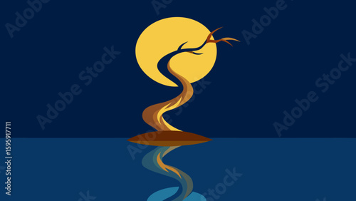 twisted tree reflected still water golden