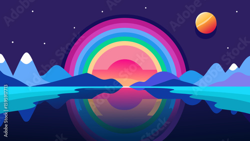 surreal landscape mirrored water rainbow aura