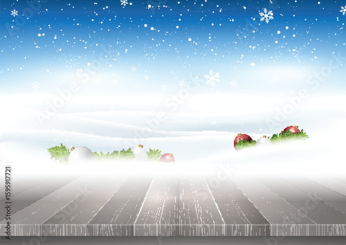 Christmas background with wooden table looking out to snowy landscape