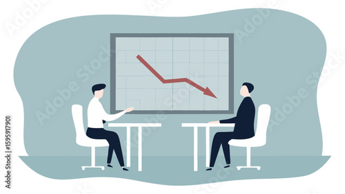 Two businessmen discussing a downward trending chart in a meeting room setting shown in the image