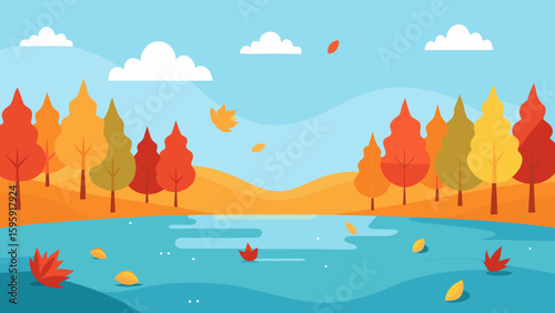 lakeside autumn forest colorful fallen leaves
