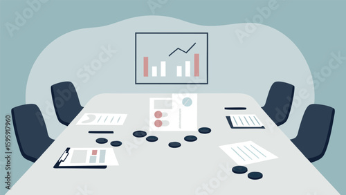 Illustration of a conference room with chairs, table, documents, and a chart on the wall behind