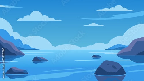 quiet lake boulders partially submerged