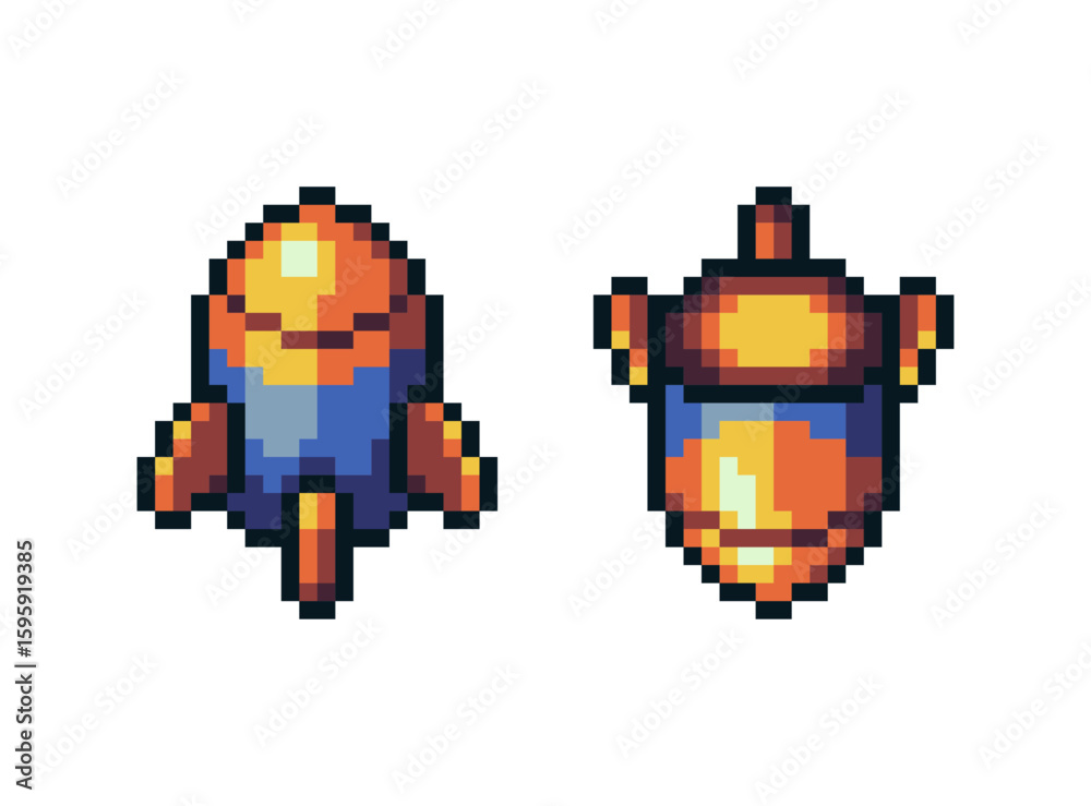 Fototapeta premium Colorful pixel art rocket ships, retro space shooter games, top-down arcade-style projects, or sci-fi UI elements. Two distinct rocket designs in a vibrant color palette.