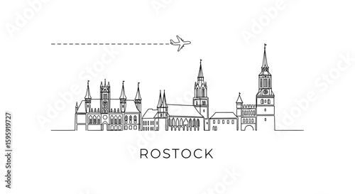 Rostock Skyline Plane over German city Vector.