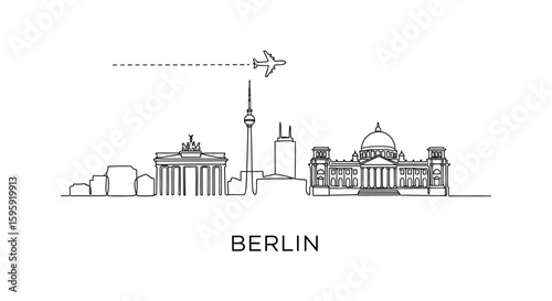 Berlin Skyline Line Art with Plane Travel, and White Background.