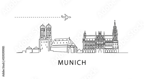 Munich Skyline Outline Airplane Vector.