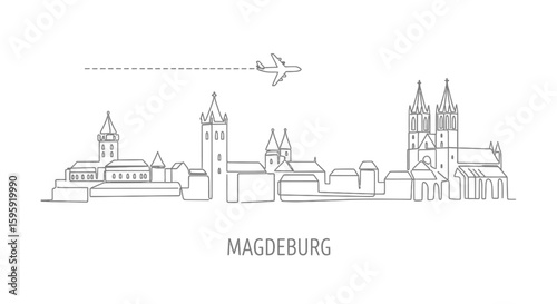 Magdeburg Skyline Outline with Travel, Germany, and Plane.