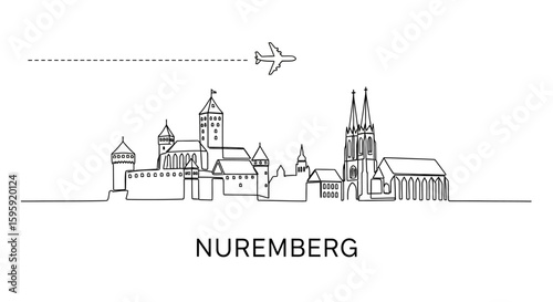 Nuremberg Skyline Line Art Plane Travel.