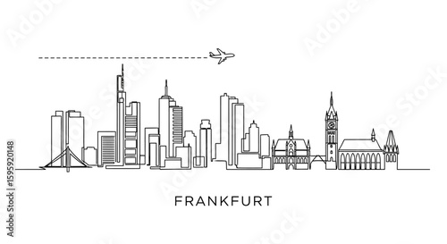 Frankfurt Skyline Line Art with Airplane, and Minimal.