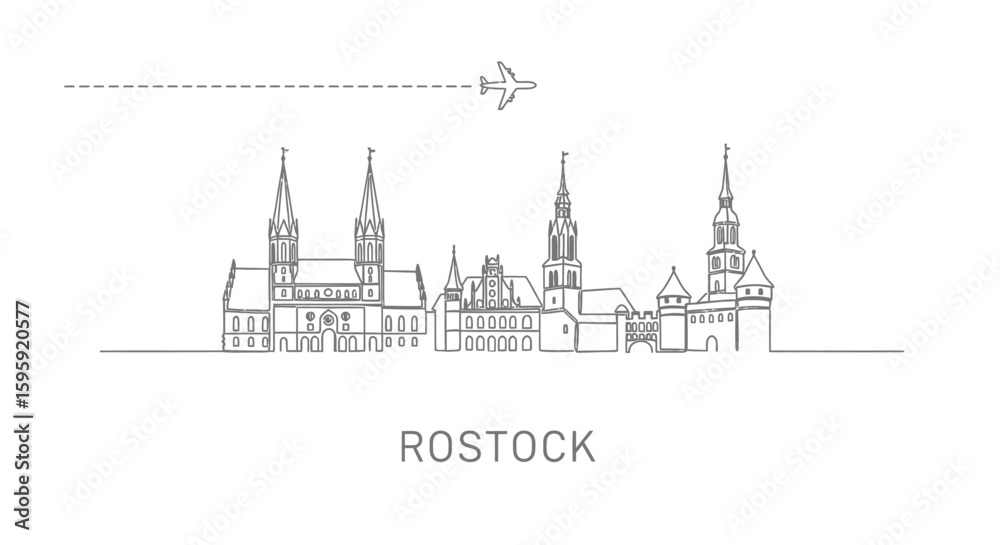 Fototapeta premium Rostock Skyline with Germany Line Art Airplane.