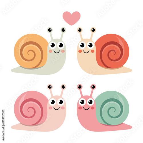 Cute cartoon snails in love with hearts