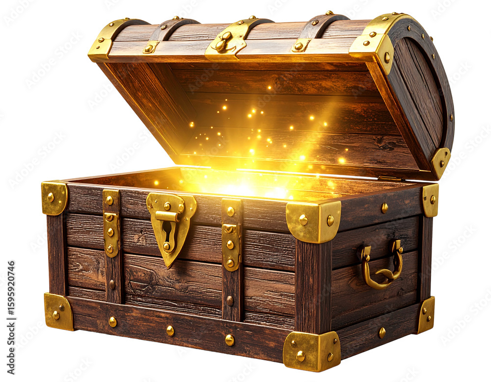 Naklejka premium Glowing Antique Treasure Chest Open with Light – High-Quality Transparent PNG