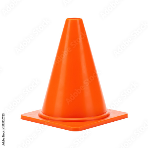 Bright orange plastic agility cone with a wide base and tapered top for sports training, against a transparent seamless studio background with soft illumination and no shadows, perfectly isolated.