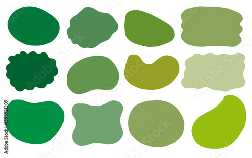 Organic green blob shapes vector set. Irregular green shapes graphic pack. Abstract rounded forms vector illustration