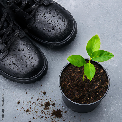 Black Rubber Boots Beside a Potted Plant and Wet Soil