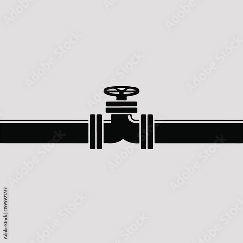 Black industrial pipe with valve and flanges on light gray background plumbing water