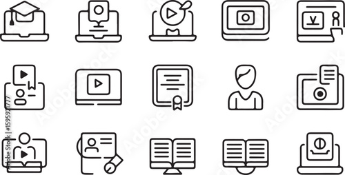Set of online education icons in outline style including video tutorials online courses certification student profile and digital library perfect for web design and infographics