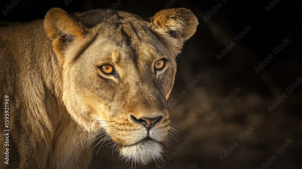 Fototapeta premium Lioness with a focused gaze, showcasing detailed fur under warm savanna sunlight.