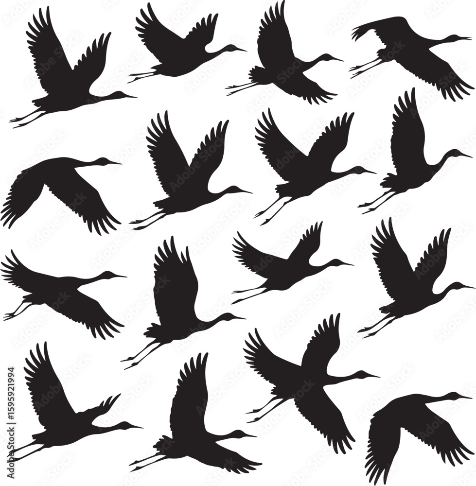 Fototapeta premium Flying flamingo Silhouettes vector set. Black silhouette of tropical flamingo bird vector. Elegant silhouettes of flamingos