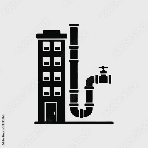 Black silhouette of a building with pipes and a valve on a light gray background plumbing