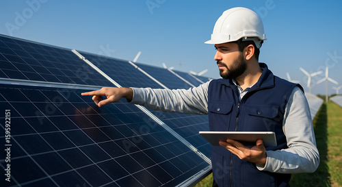 A solar panel technician inspects solar panels in a field, holding a tablet and pointing.