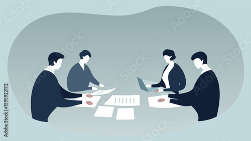 Illustration of four people sitting around a table working with documents and a laptop in a meeting room