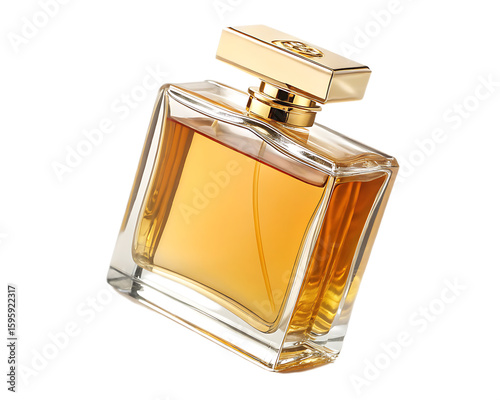 Close up of a square perfume bottle with a golden cap filled with amber liquid on a white background
