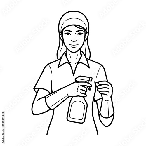 woman with spray bottle, preparing for cleaning, monochrome illustration, household chores