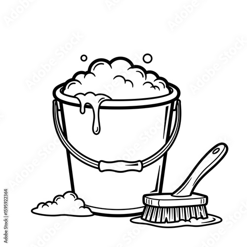 bucket with bubbles, scrubbing brush, cleaning tools, monochrome illustration, household supplies