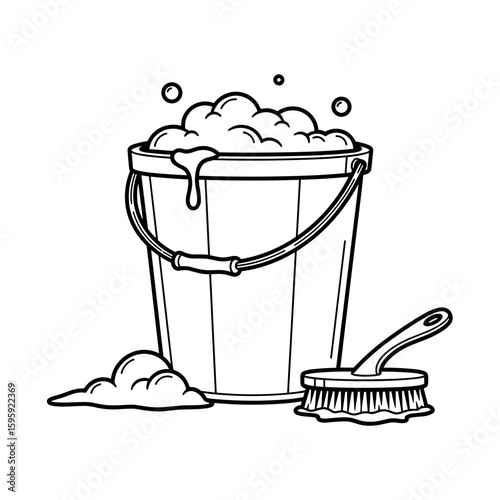bucket with soapy water, scrubbing brush, cleaning supplies, monochrome illustration, household chores