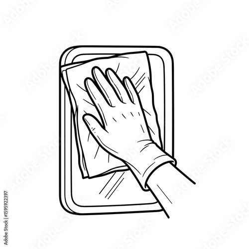 cleaning mirror, hand with cloth, rubber glove, monochrome illustration, household chores