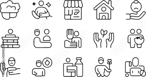 Collection of black and white line art icons representing various concepts such as self care business home community support nature approval and sharing resources