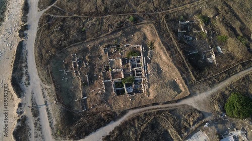 Beautiful aerial view  of Tel Shikmona,an ancient Phoenician tell (hill) in the north of Israel. situated near the sea coast in the modern city of Haifa, Israel,static video footage