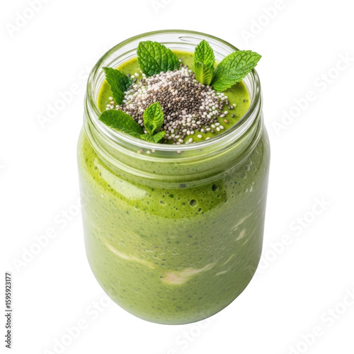 A vibrant green smoothie in a glass jar, garnished with chia seeds and fresh mint leaves, representing a healthy and refreshing drink.